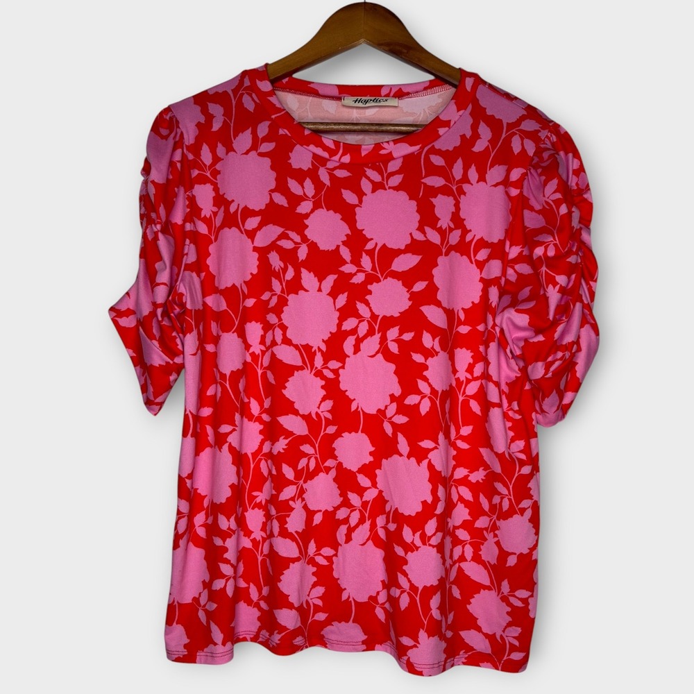 Haptics by Holly Harper Red Pink Bold Floral Puff Sleeve Knit Shirt Top Size 1X